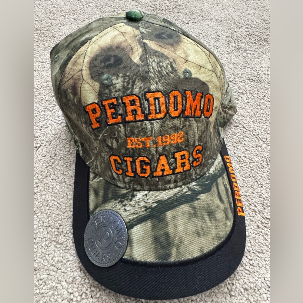 PERDOMO CIGAR (real tree) styled camo Camouflage Cap. With bottle cap opener.